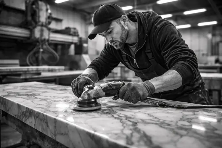 Производство изделий из камня: обработка столешницы в цеху